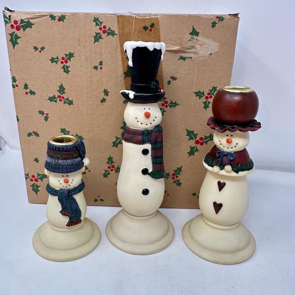 Vintage Snowman Family Candle Holders Christmas Resin Taper Candlestick Trio